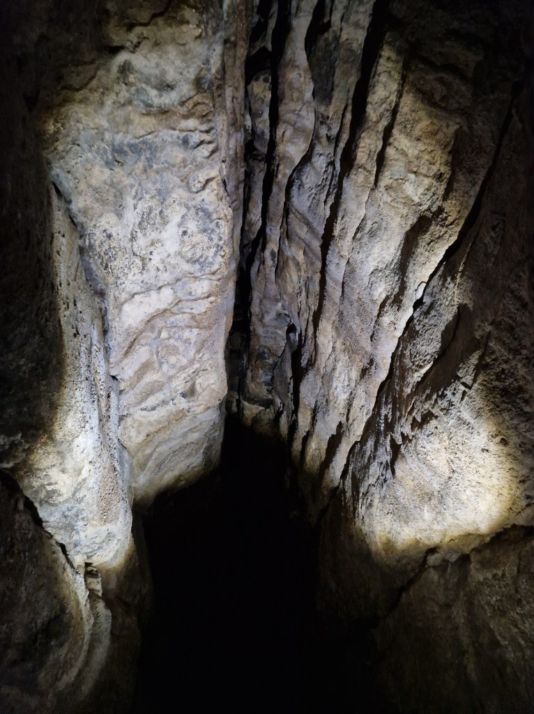 The view of a ridged cave ceiling. It is solid rock and dark apart from the beam of torchlight that lights up the section on the photograph. There is a thick ridge running running along the centre of the ceiling that is almost pointed where it meets.